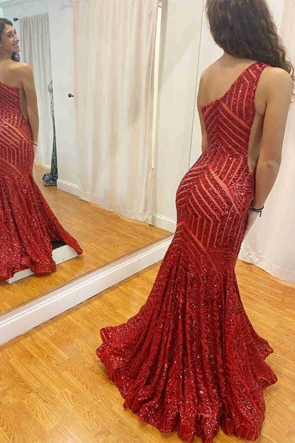 Mermaid One Shoulder Red/Hot Pink Long Prom Dress Y338