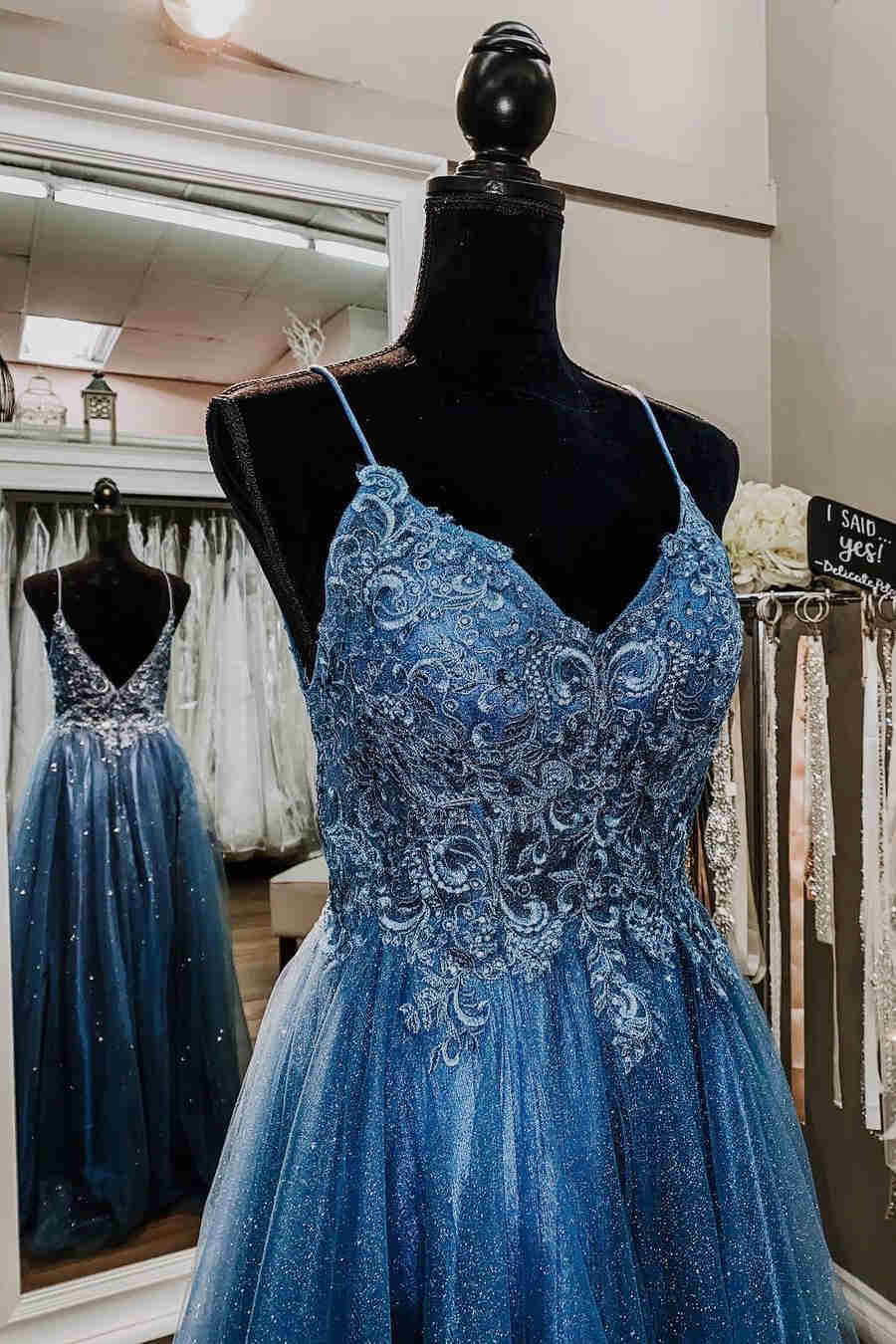 Glitter Straps Beaded Blue Formal Prom Dress Chic Evening Dress Y1811