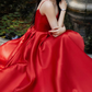 Spaghetti Straps V Neck Red Satin Prom Dresses, Red V Neck Satin Long Formal Graduation Dresses Y231