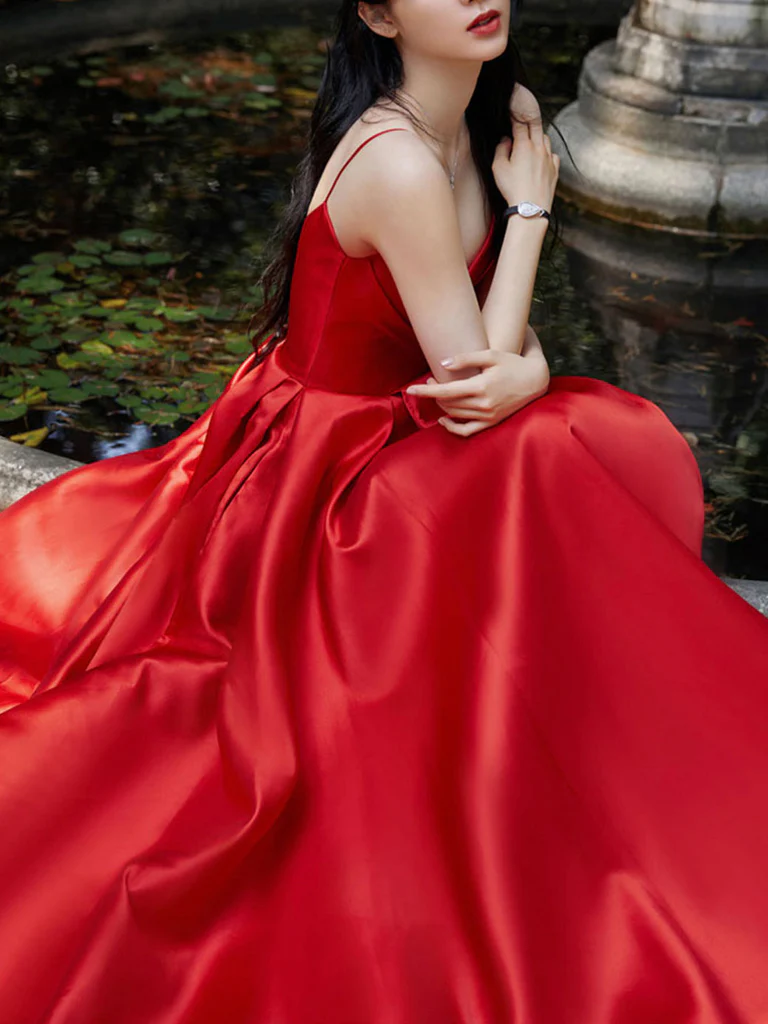 Spaghetti Straps V Neck Red Satin Prom Dresses, Red V Neck Satin Long Formal Graduation Dresses Y231