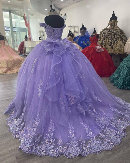 Off The Shoulder Lilac Corset Quinceanera Dress Ball Gown,Appliques Lace Birthday Dress  Y789