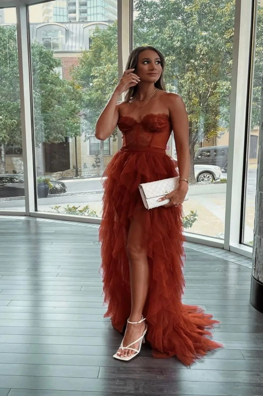 Rust Red Sweetheart High Low Tiered Formal Dress,Tulle Long Evening Prom Dresses Y1108