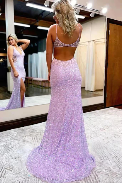 New Style V Neck Sleeveless Long Prom Dress, Sparkly Sequined Evening Dress with Slit Y1004