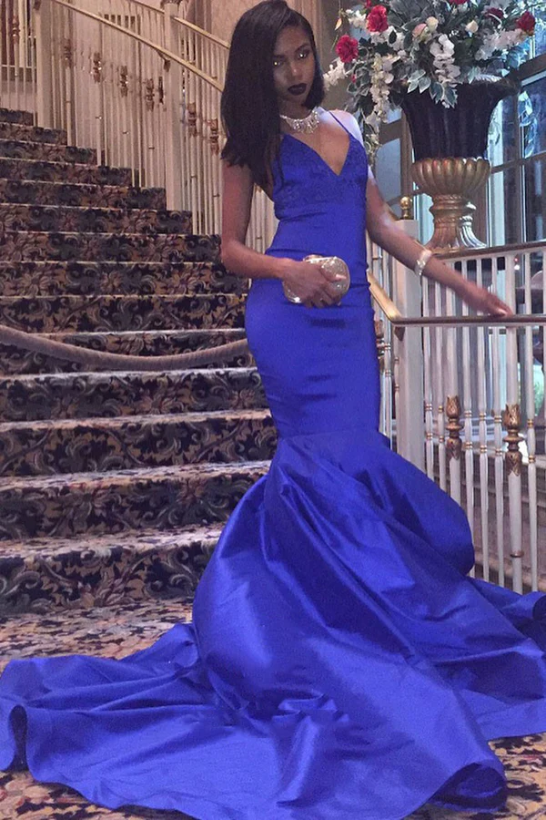 Charming Satin Mermaid Royal Blue V Neck Backless Criss Cross Prom Dresses Y1267