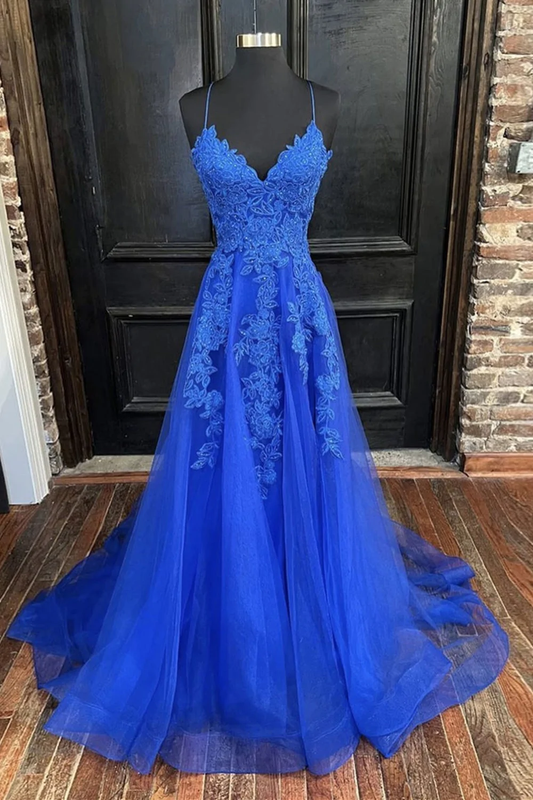 A Line V Neck Blue Tulle Lace Long Prom Dresses, V Neck Blue Formal Dresses, Blue Lace Evening Dresses Y1268