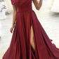 Off Shoulder Burgundy Satin Long Prom Dress with Slit, Off Shoulder Burgundy Formal Dress Y226