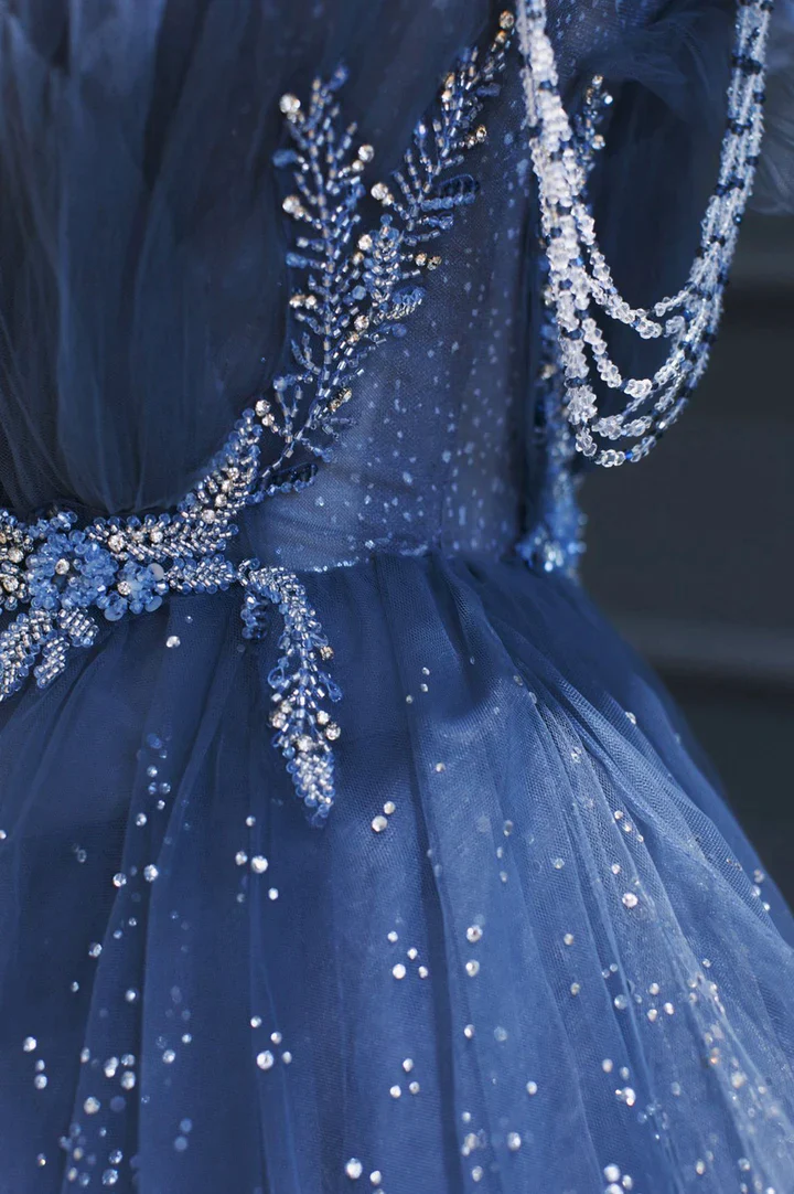 Blue Tulle Beaded Long A-line Prom Dress Y1547