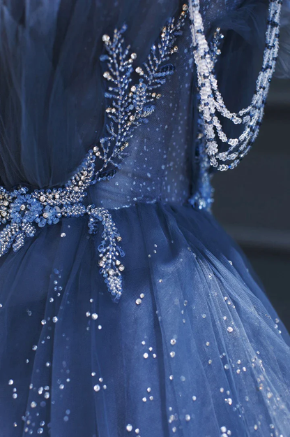 Blue Tulle Beaded Long A-line Prom Dress Y1547