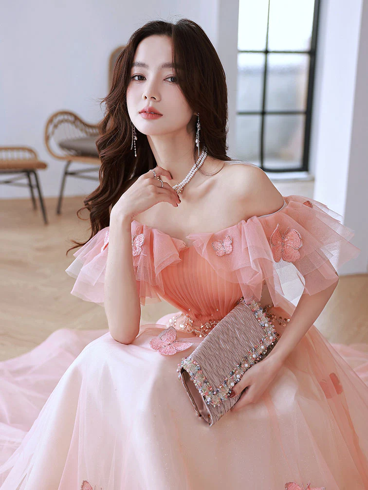 Pink Off Shoulder Tulle Long Prom Dress, Pink Tulle Formal Dress Y584