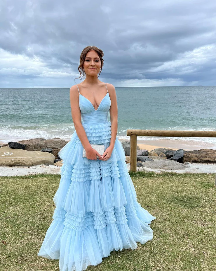 Charming A Line V Neck Light Blue Tulle Long Prom Dresses Y1477