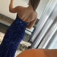 Mermaid Royal Blue Sequin Prom Dress Side Slit Sleeveless Backless Evening Party Long dress Y37