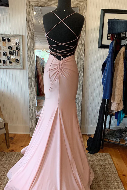 Elegant Mermaid V Neck Lace-Up Back Pink Long Prom Dress Y1528