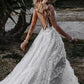 A-line V Neck Lace Prom Dress With Split  S18749
