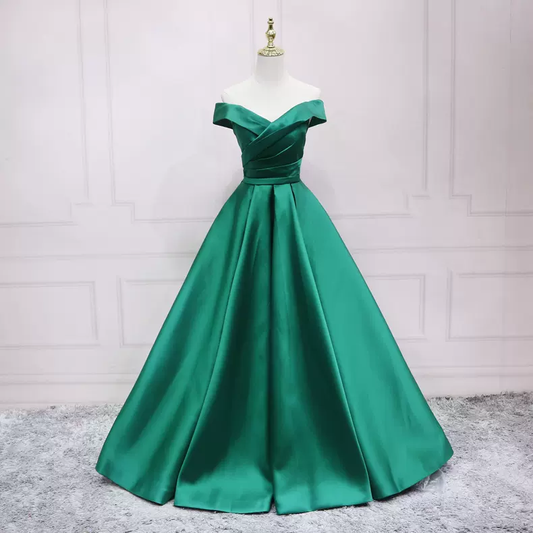 Off The Shoulder Green Satin Evening Dress s16