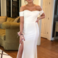Off Shoulder Mermaid White Long Prom Dresses with High Slit, Mermaid White Formal Dresses Y247