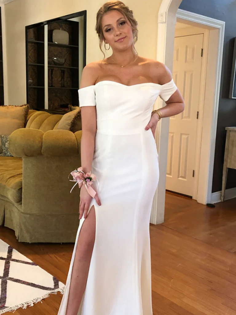 Off Shoulder Mermaid White Long Prom Dresses with High Slit, Mermaid White Formal Dresses Y247