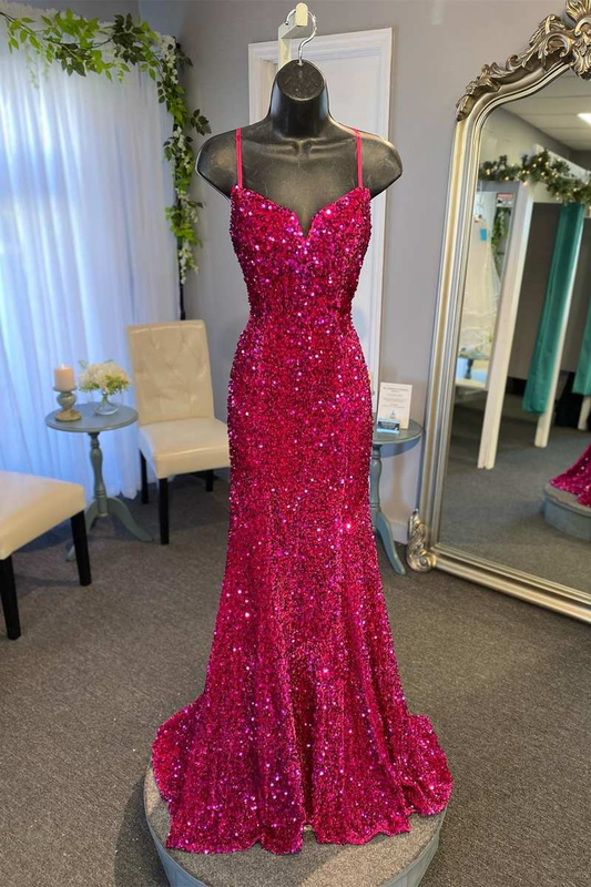Magenta Sequin Split Neck Mermaid Long Prom Dress Y1694