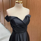 Off Shoulder Black Satin Long Prom Dress, Long Black Formal Graduation Evening Dress Y201