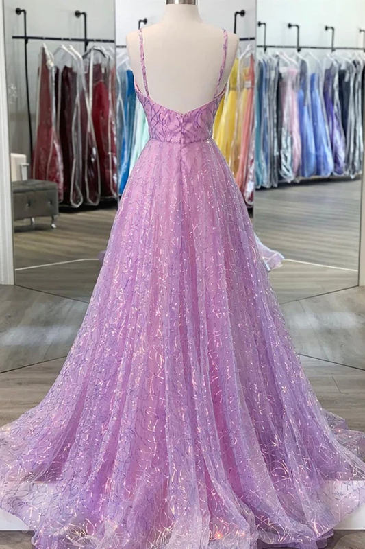 Shiny V Neck Backless Long Purple Prom Dress, Backless Purple Formal Graduation Evening Dress Y917