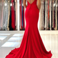 Exquisite Red Spaghetti Straps Sleeveless Mermaid Satin Prom Dresses Y150