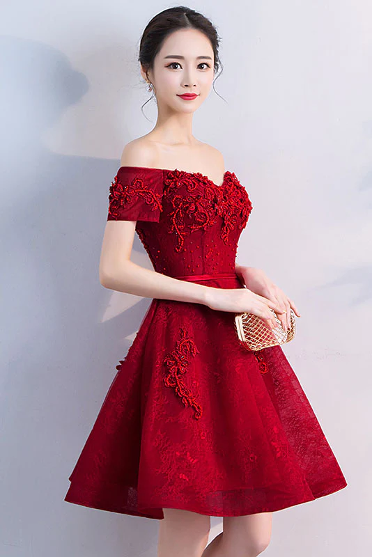 Burgundy tulle lace short homecoming dress Y256