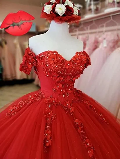 Generous Red A-line Tulle Lace Ball Gown,Sweet 16 Dress Y1221