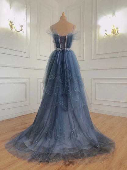 Blue Tulle Beaded Long A-line Prom Dress Y1547
