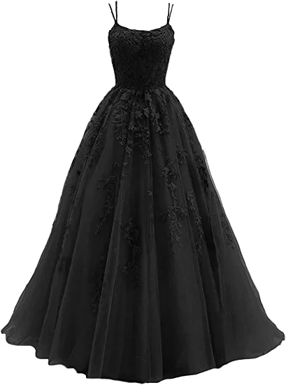Spaghetti Strap Prom Dress Lace Appliques Wedding Tulle Long Dress Princess Formal Evening Gowns Y1202