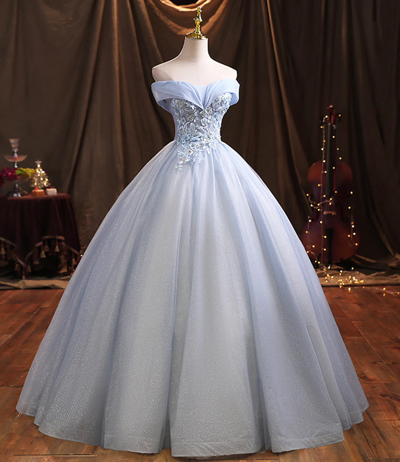 Blue tulle lace long ball gown dress formal dress Y1293