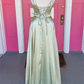 Open Back Sage Satin Long Prom Dress with High Slit, Long Sage Formal Graduation Evening Dress Y207