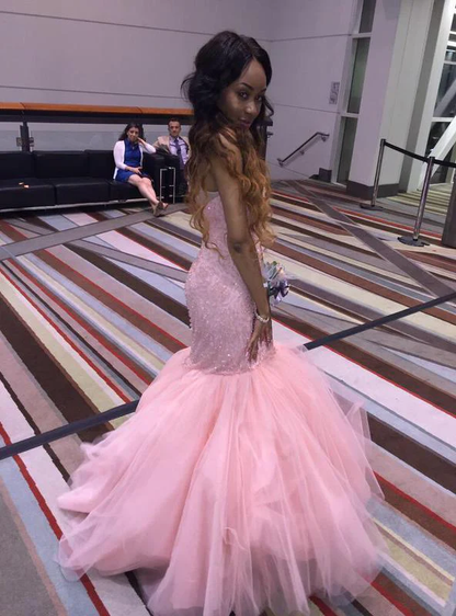 Elegant Mermaid/Trumpet Pink Sleeveless Tulle Evening Dresses Y1094