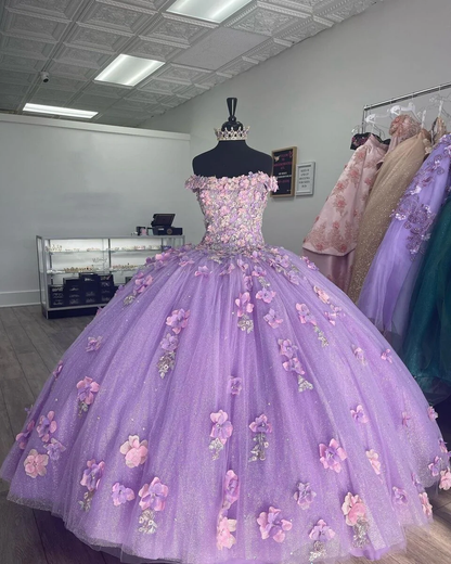 Lavender Applique Off Shoulder Shiny Elegant Tulle Ball Gown 3D Flowers Princess Dress Sweet 15th Y285