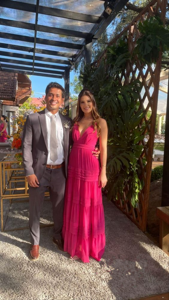 Generous Hot Pink V-Neck Sleeveless Prom Dresses Evening Dress Y1314