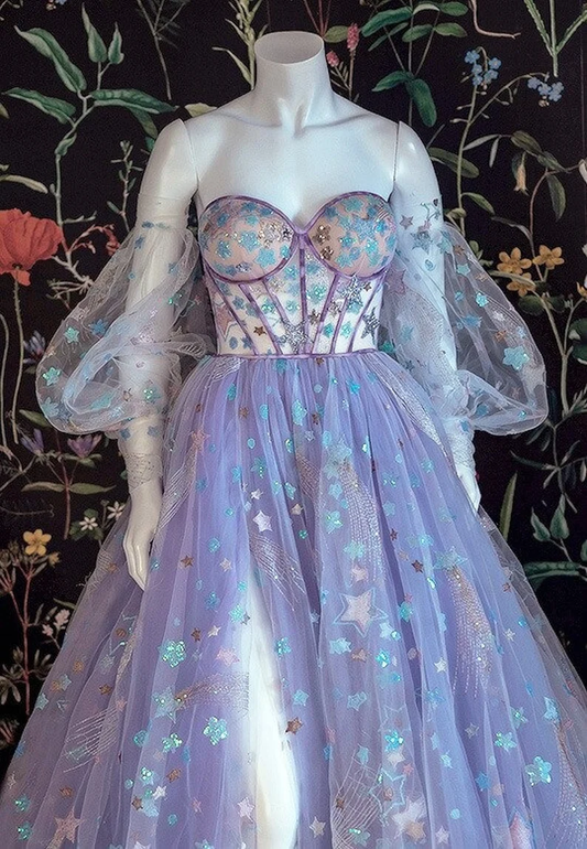 Beautiful Light Purple Tulle Dress Floral Dress Off Shoulder Sweetheart Dress A-line Evening Dresses With Slit Start Applique Long Dress Y932