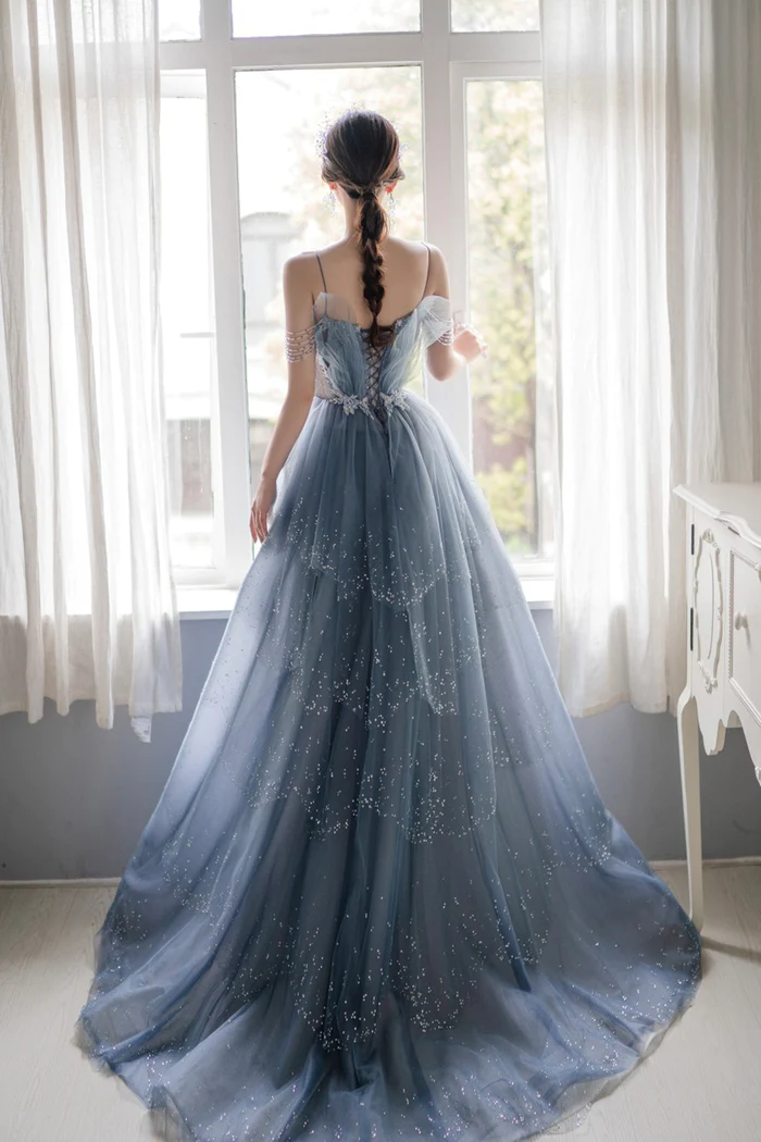 Blue Tulle Beaded Long A-Line Prom Dress, Blue Formal Evening Gown Y1579