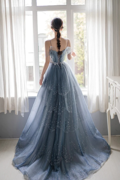 Blue Tulle Beaded Long A-Line Prom Dress, Blue Formal Evening Gown Y1579