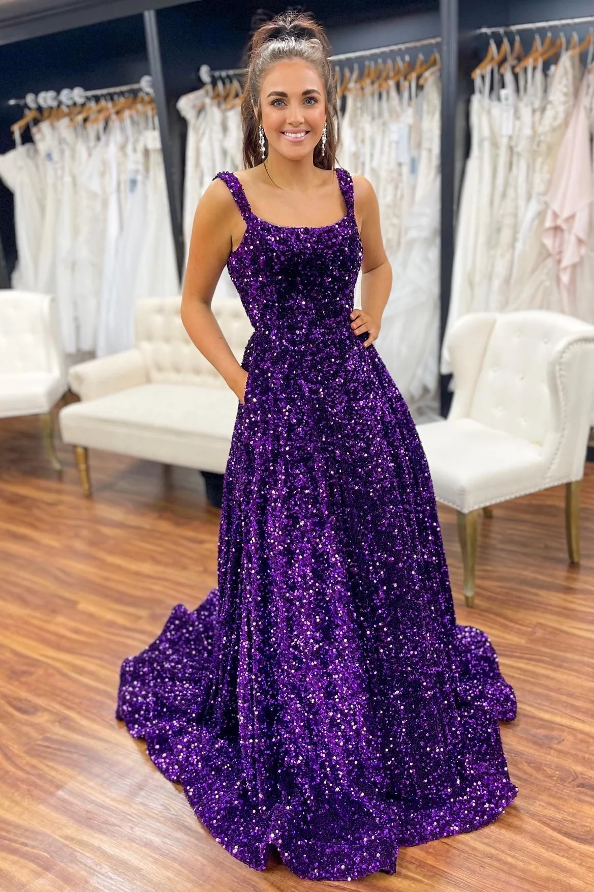 Red Sequin Square Neck Backless A-Line Long Prom Dress Y1534