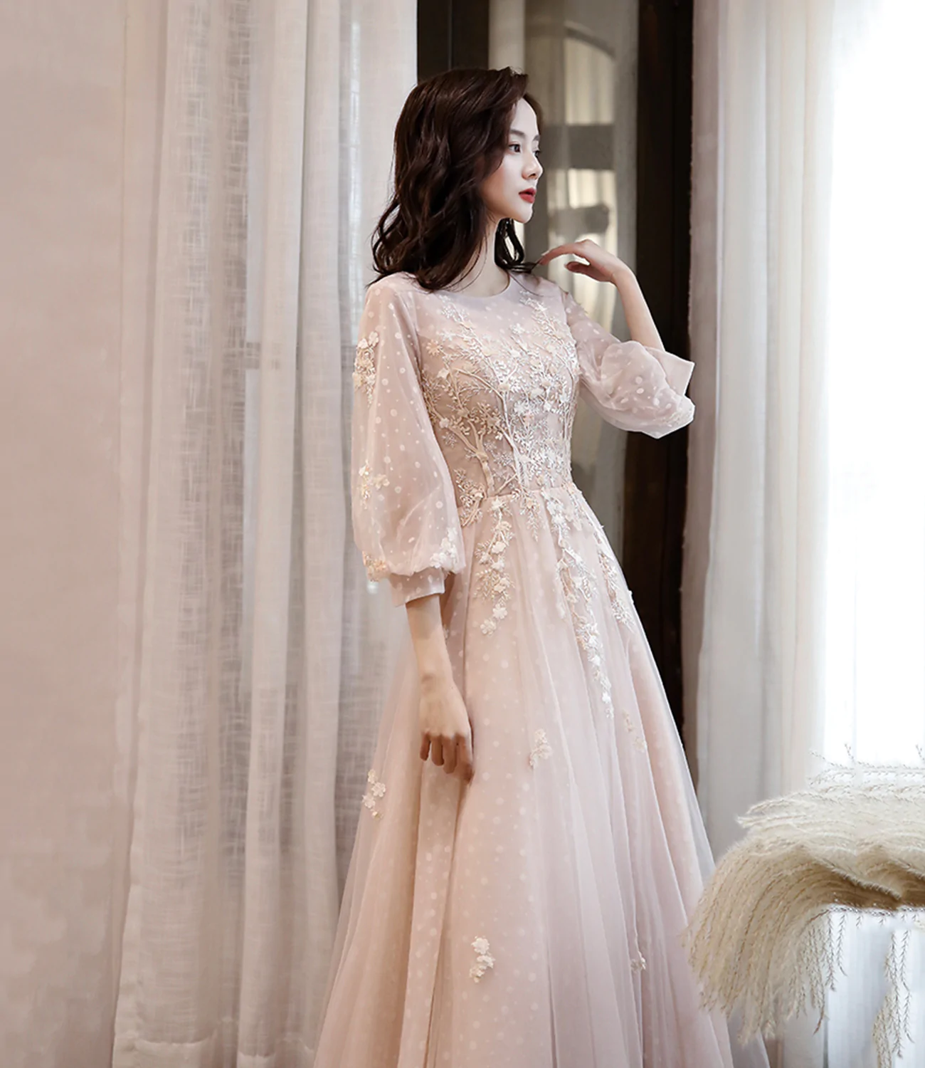 Cute tulle lace long prom dress A line evening dress Y1291
