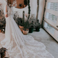 White Wedding Dress Illusion Neckline Long Sleeves Backless Natural Waist Lace With Train Long Bridal Mermaid Dress Y101