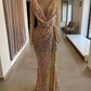Sparkly Prom Dresses, Deep V Neck Prom Dresses, Long Sleeve Prom Dresses, Arabic Prom Dresses, Side Slit Prom Dresses Y194