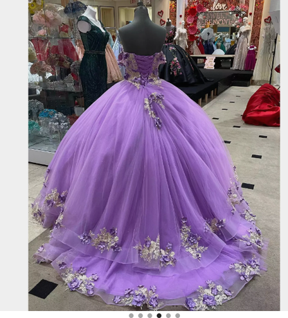 Women's Puffy Dress with Appliques Light Purple Ball Gown Y1091