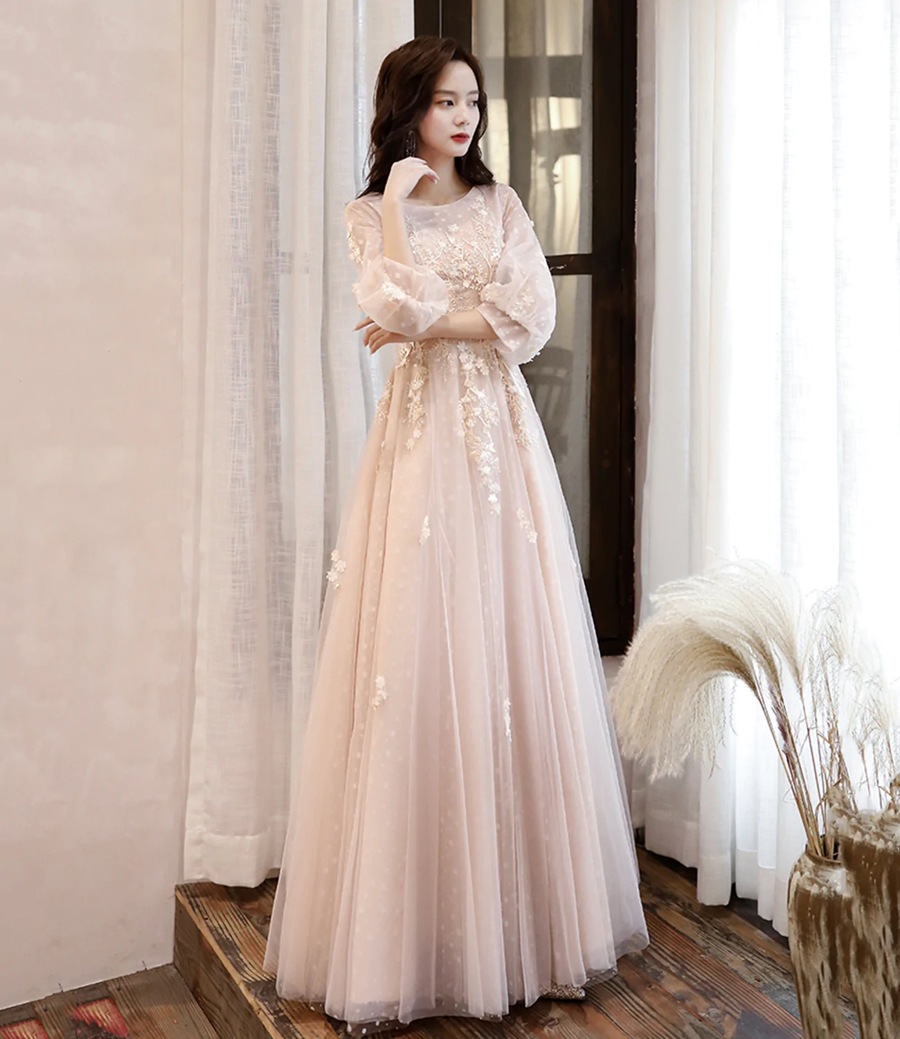 Cute tulle lace long prom dress A line evening dress Y1291