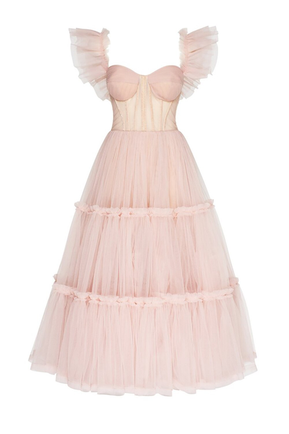 Ruffled Sleeves Tulle Prom Dress, Tiered Ruffled A-line Skirt, Bridesmaid Party Dress, Graduation Dress Y1246