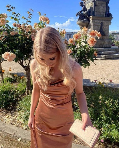 Sexy Bodycon Spaghetti Straps Blush Satin Slit Prom Dresses Y876