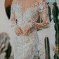 White Wedding Dress Illusion Neckline Long Sleeves Backless Natural Waist Lace With Train Long Bridal Mermaid Dress Y101