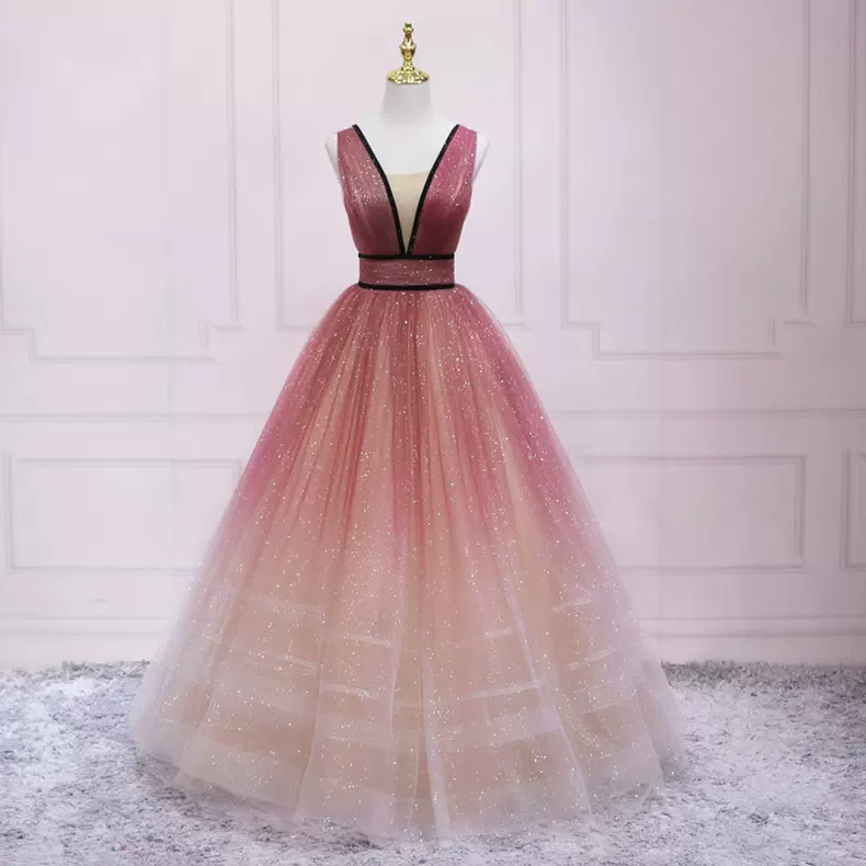 Deep V Neck Sleeveless Shiny Prom Dress s27