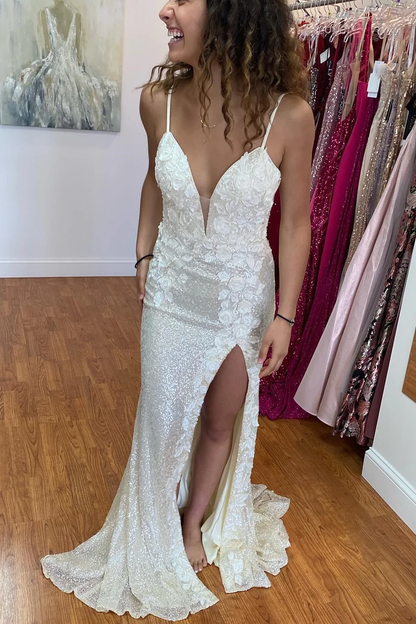 Mermaid Spaghetti Straps Sequin Long Prom Dress with Flowers Y1787