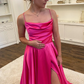 Simple Backless Fuchsia Satin Long Prom Dress with High Slit, Backless Fuchsia Formal Graduation Dress with Pocket Y213