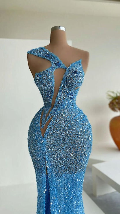 Blue Mermaid Sequins Celebrity Dresses Charming Evening Dress  Y31