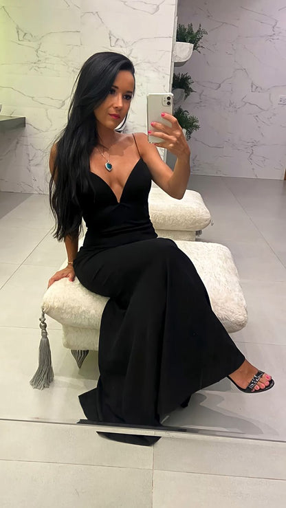 Classic Black Mermaid V Neck Prom Dress,Black Sleeveless Prom Dress Y1071